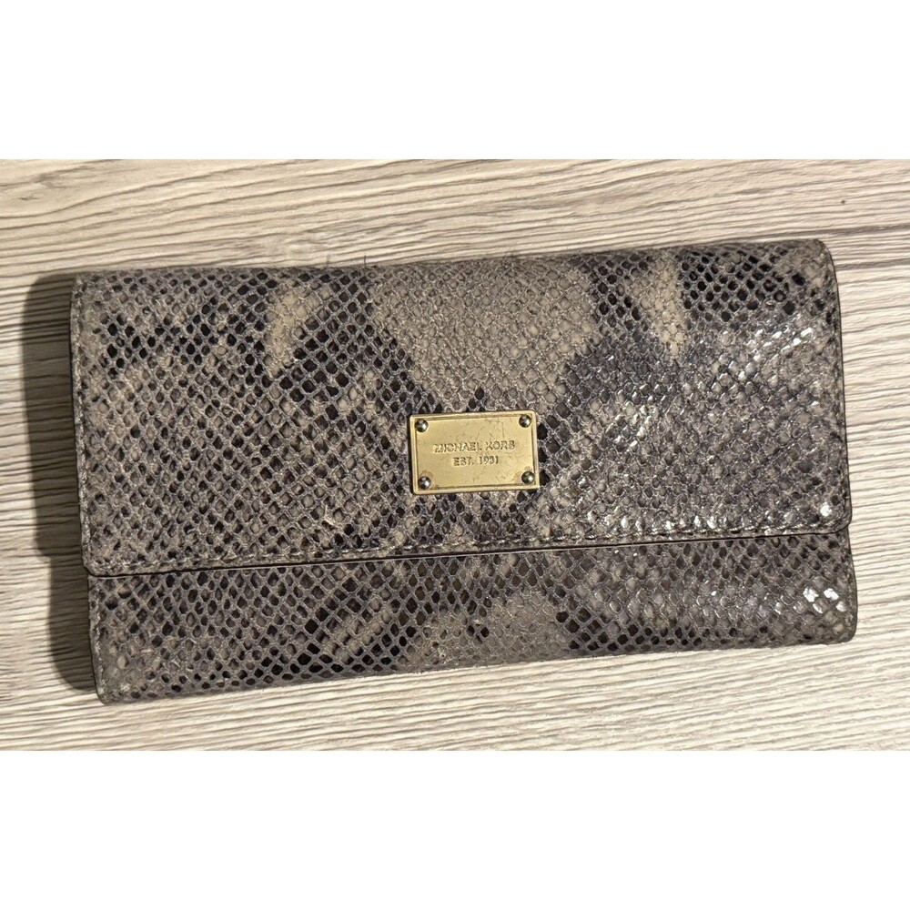 Michael Kors Snakeskin Print Long Wallet 8" Gray Beige Bifold Clutch
